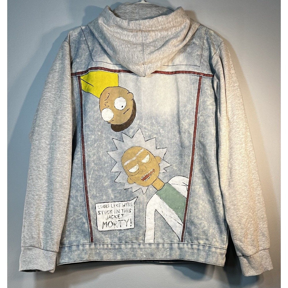 Ring Of Fire Denim Jacket Hoodie Rick and Morty Painted‎ Mens Large *Read*